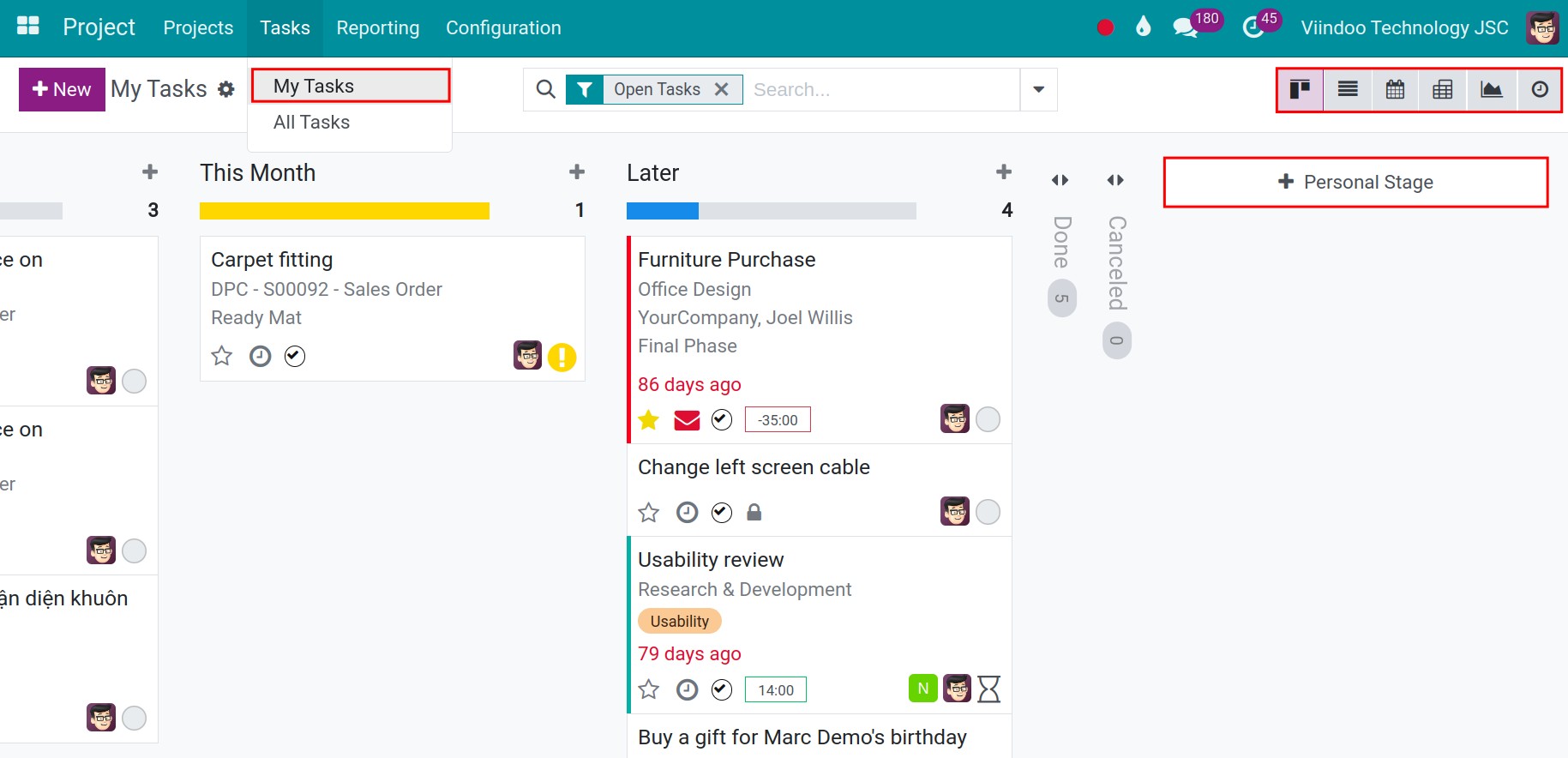 My tasks menu - Viindoo Project