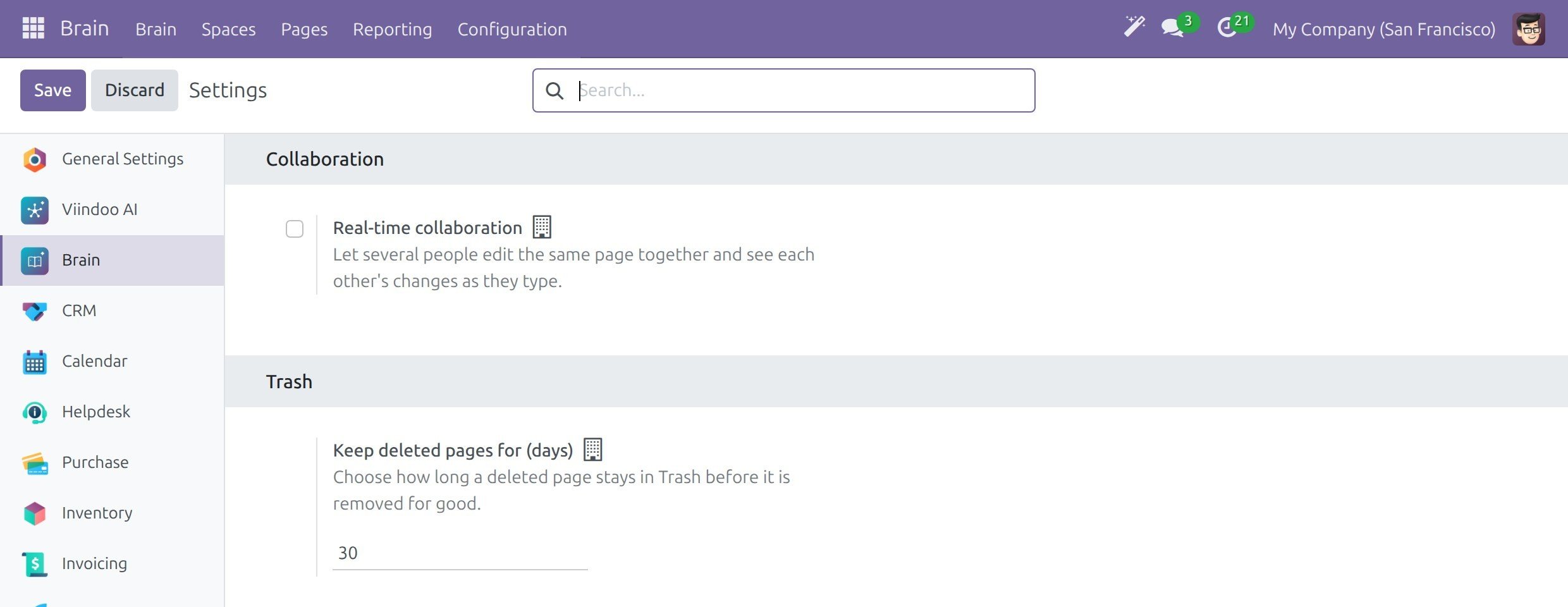 The Brain section of Settings with the Collaboration option Real-time collaboration and the Trash option Keep deleted pages for (days)