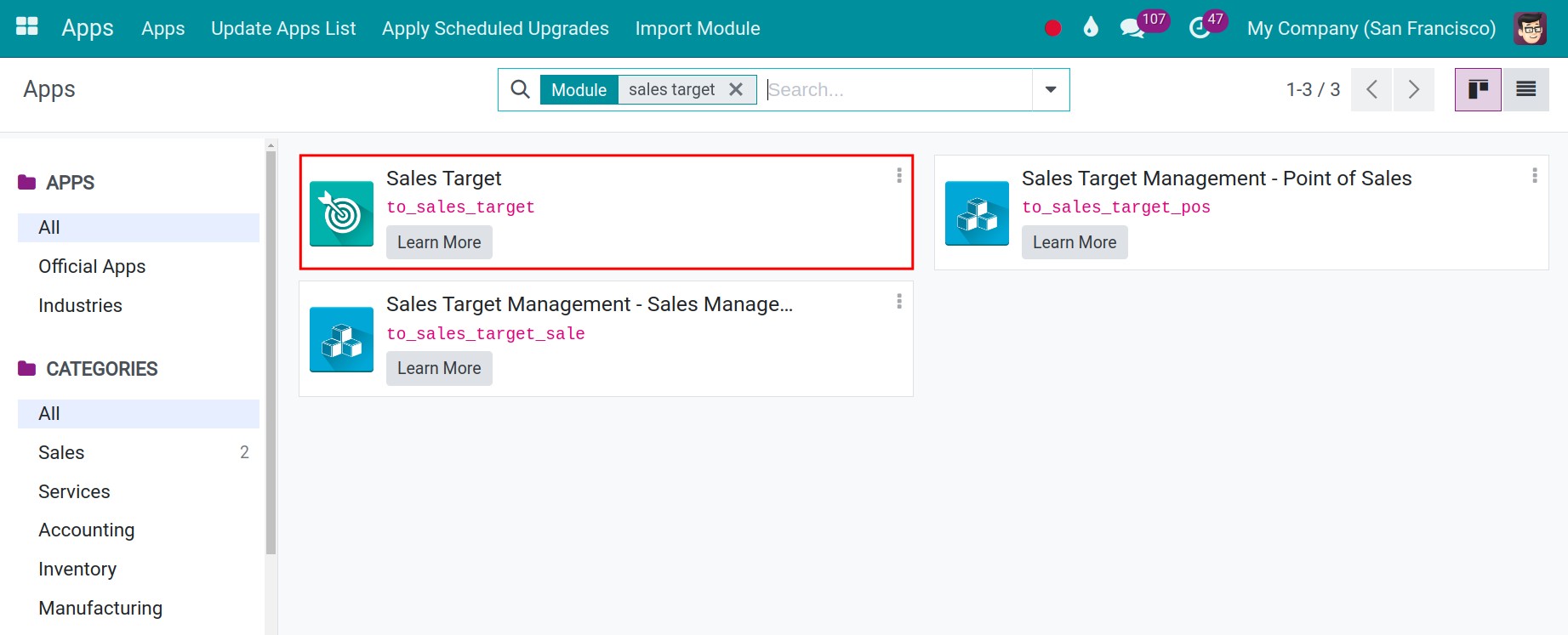 Install sales target on Viindoo