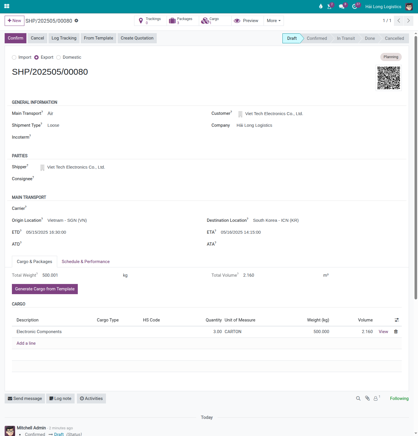 Cargo and Packages tab showing cargo line, Total Weight 500 kg and Total Volume 2.160 CBM.