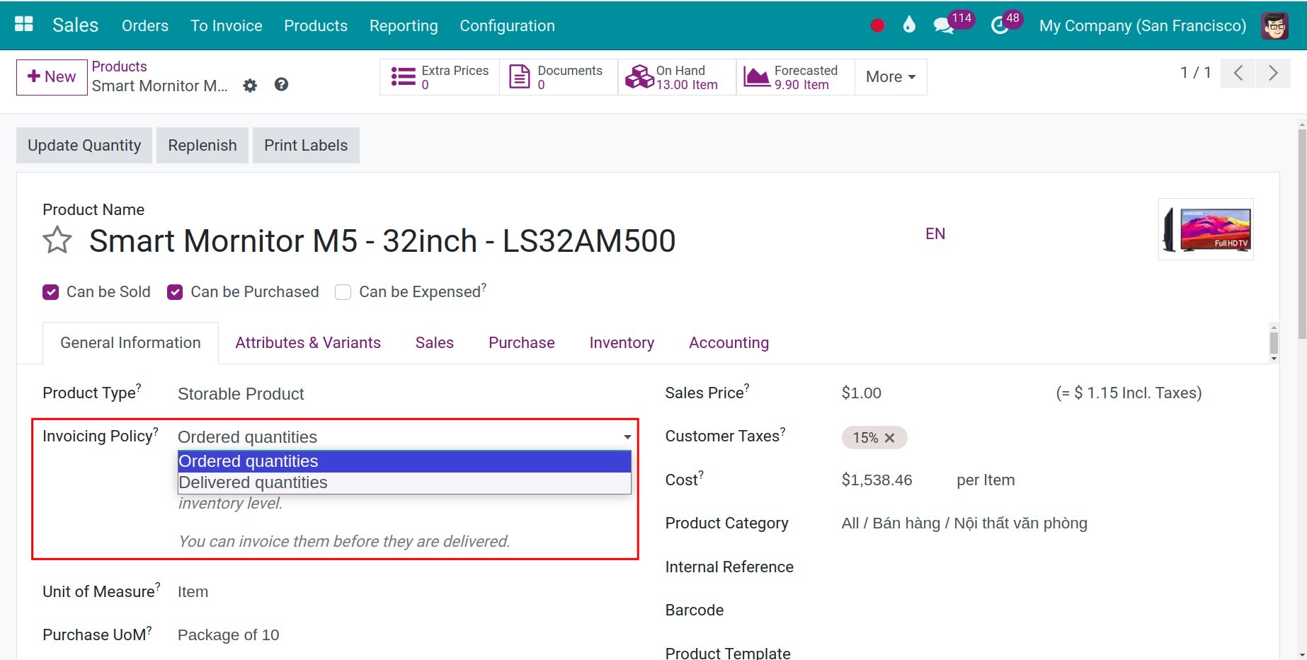 Select needed invoice policy Invoice Viindoo