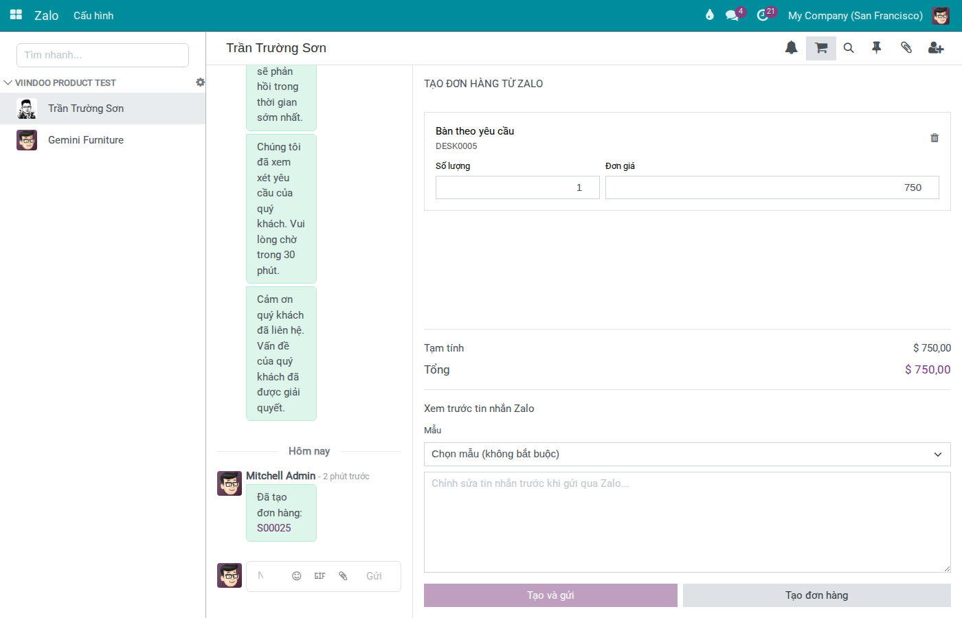 Create Order from Zalo panel, Order tab — cart line with quantity and unit price, Zalo Message Preview section, two buttons Create Order and Create and Send