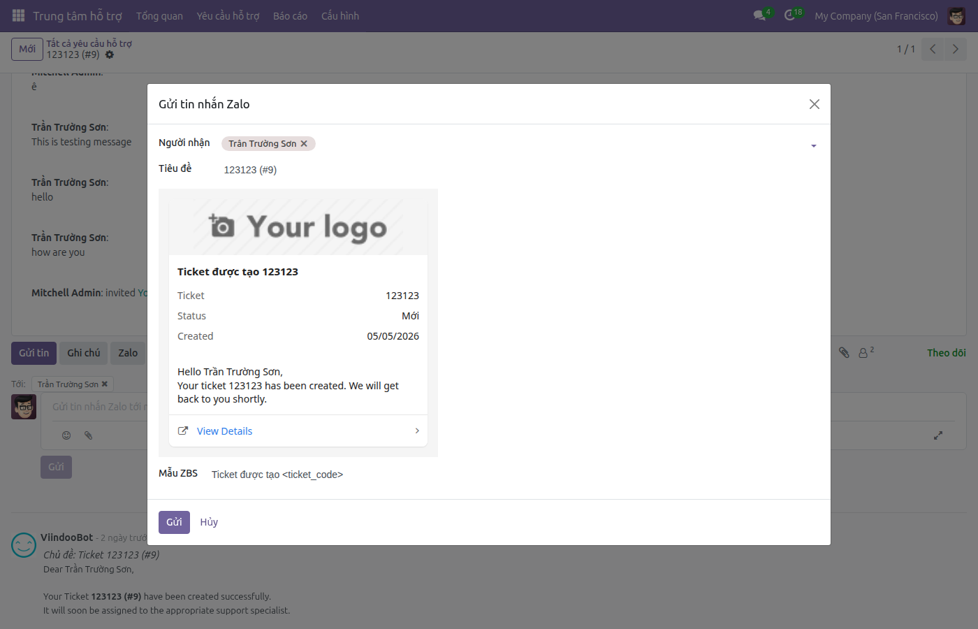 Send Zalo Message dialog opened from ticket — Recipient field pre-filled with customer name, preview area showing template content, ZBS Template field ready to select.