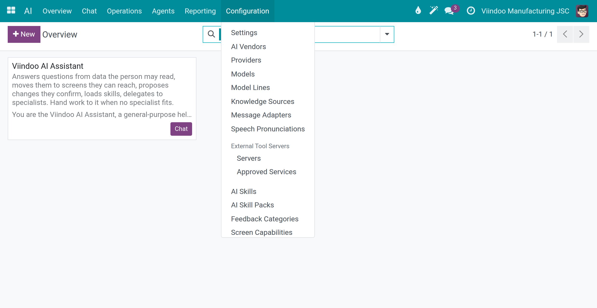 The Configuration menu of the AI app listing Settings, AI Vendors, Providers, Models and the other lists