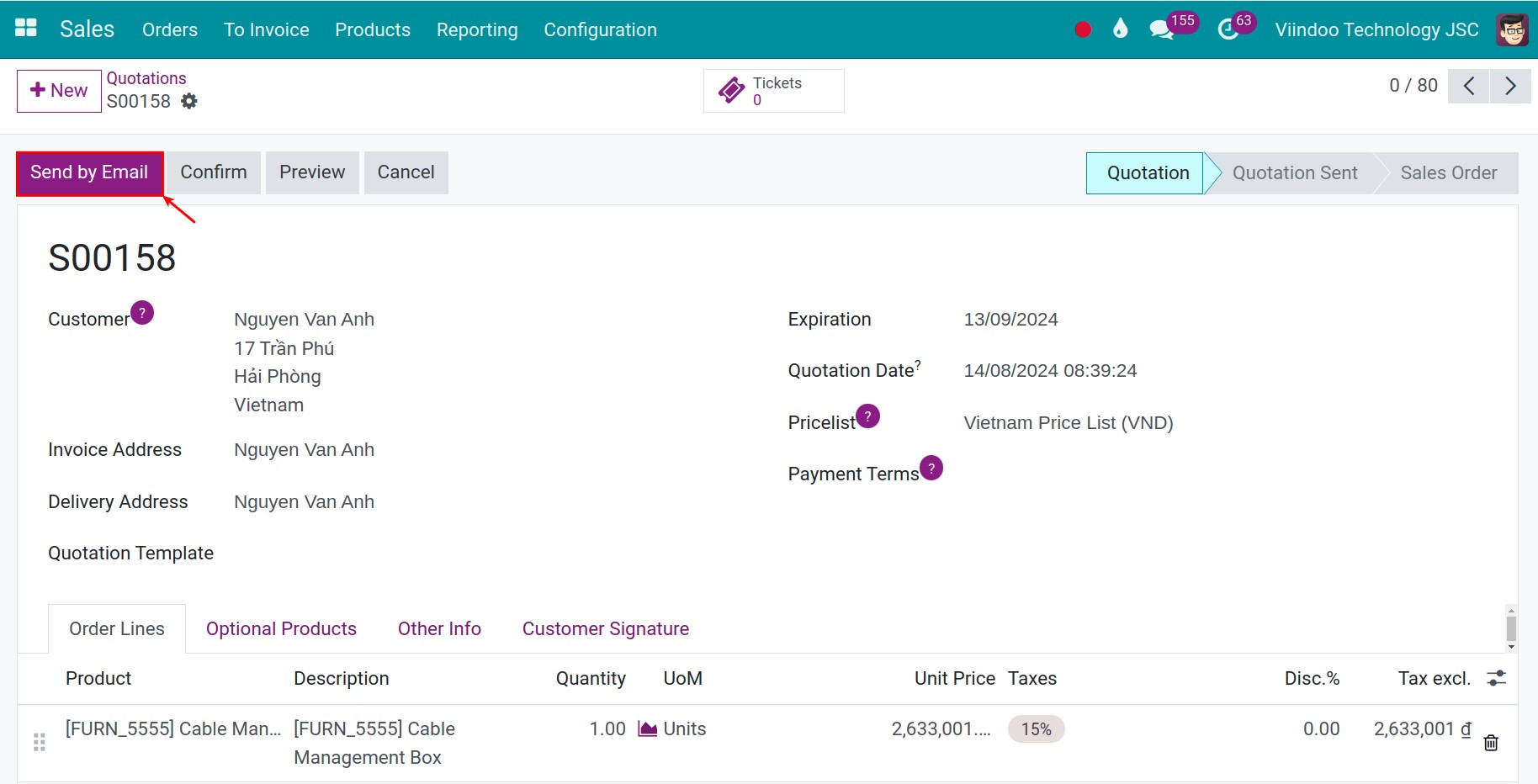 Email quotations to customer in Viindoo