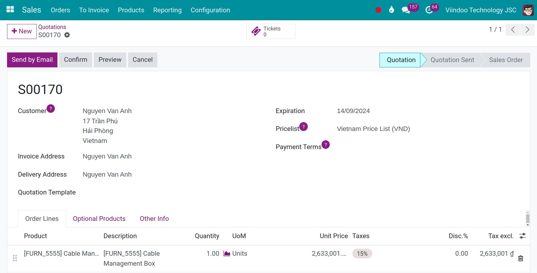 Send quotation email Online Payment - Viindoo.