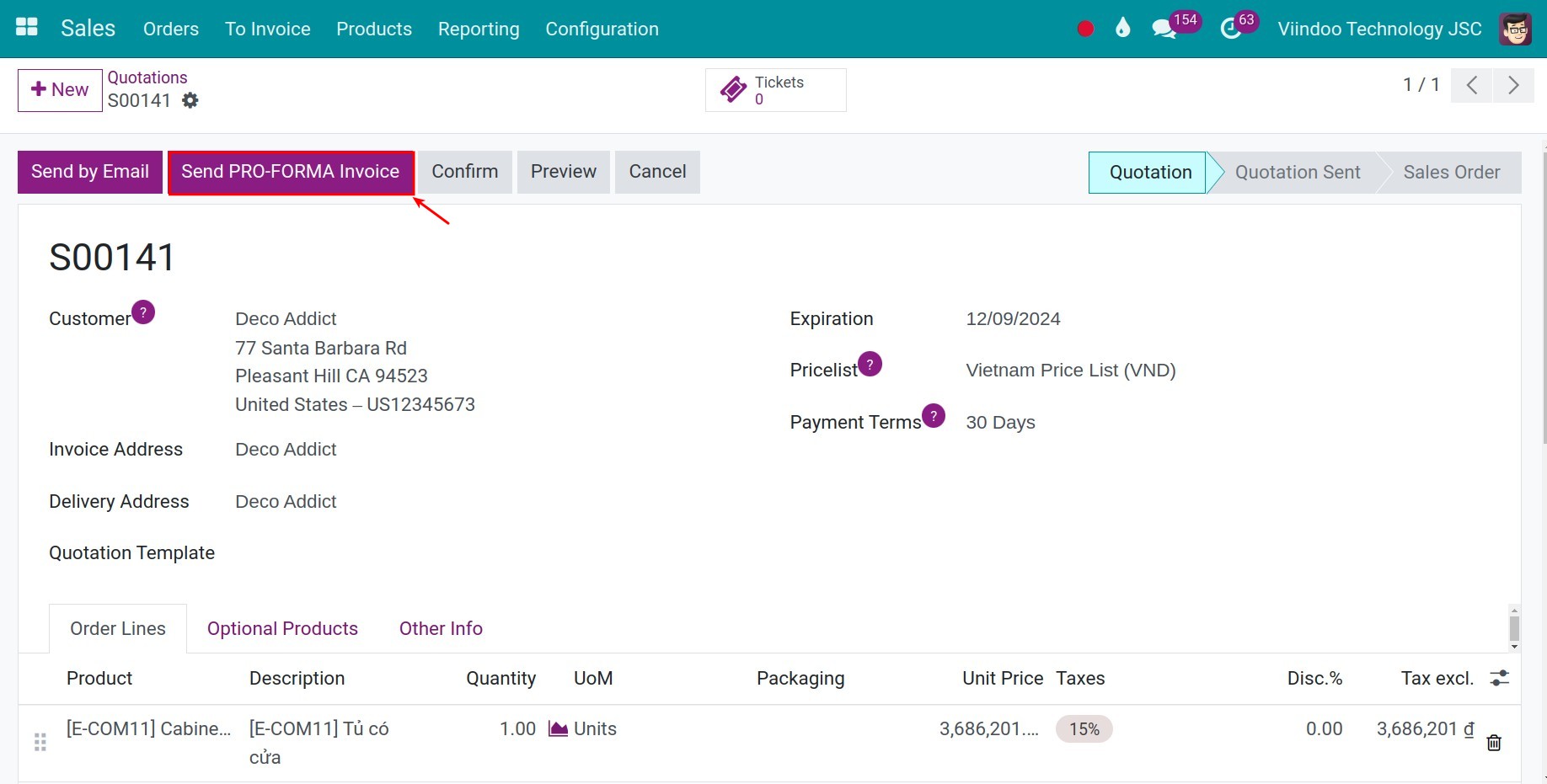 Send a Pro-forma invoice via email - Viindoo