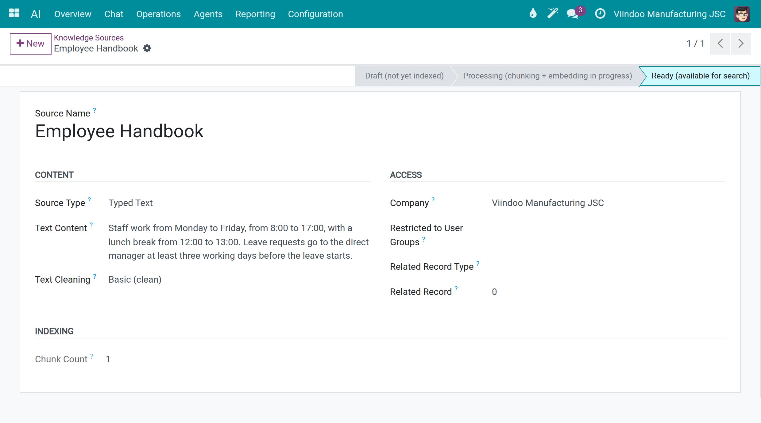 A knowledge source in the Ready state with its status bar and one indexed passage