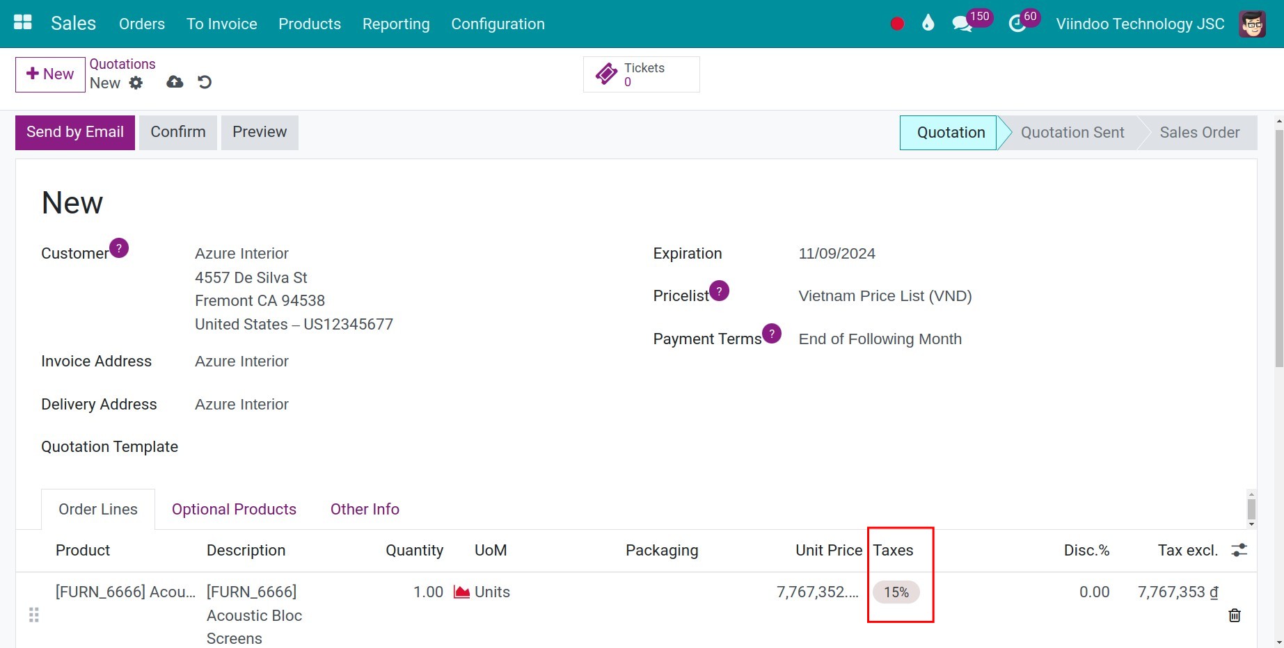 Selected default tax on sales order