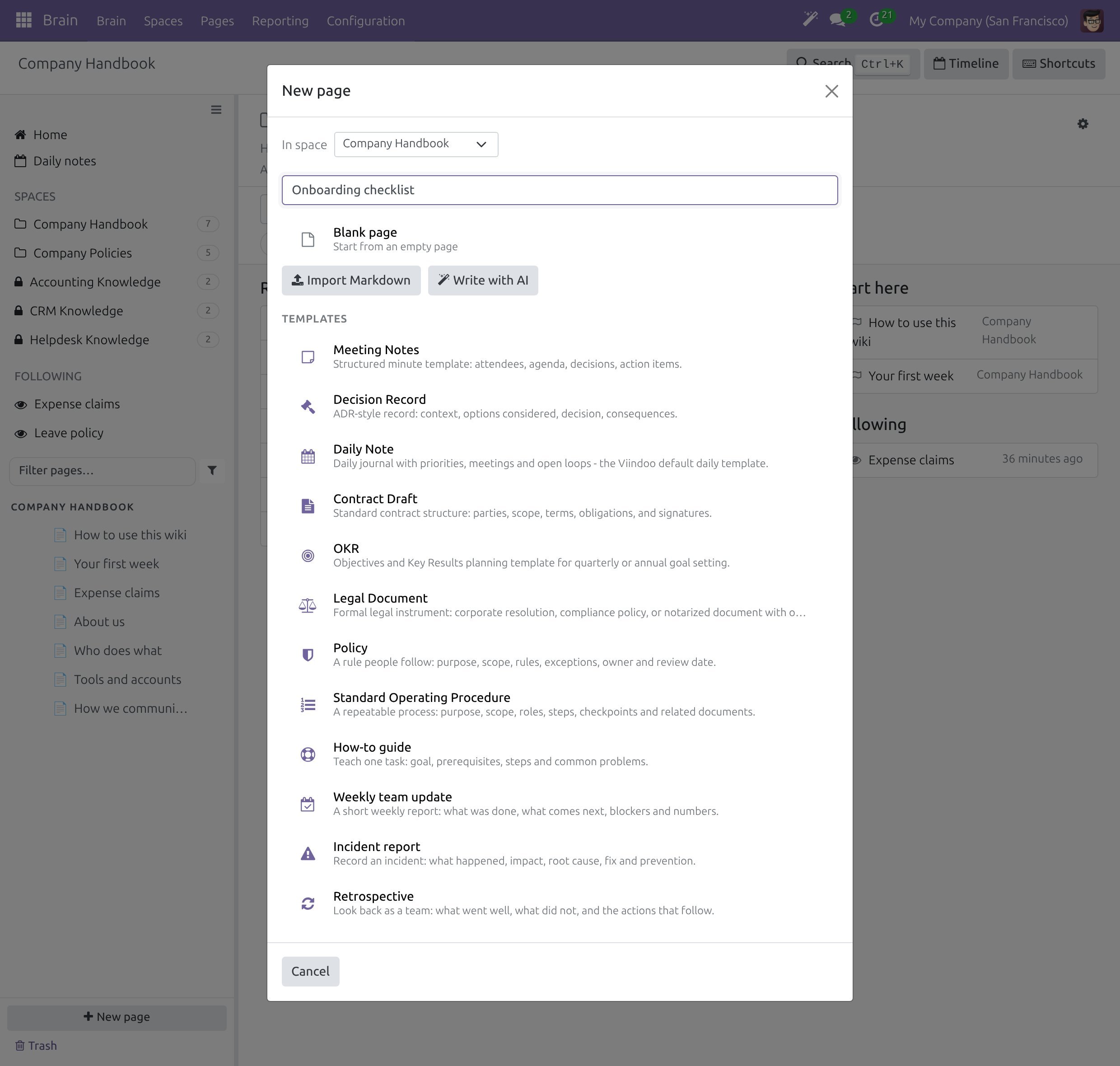 The New page dialog with the Space picker, the title, Blank page, Import Markdown, Write with AI and the twelve templates
