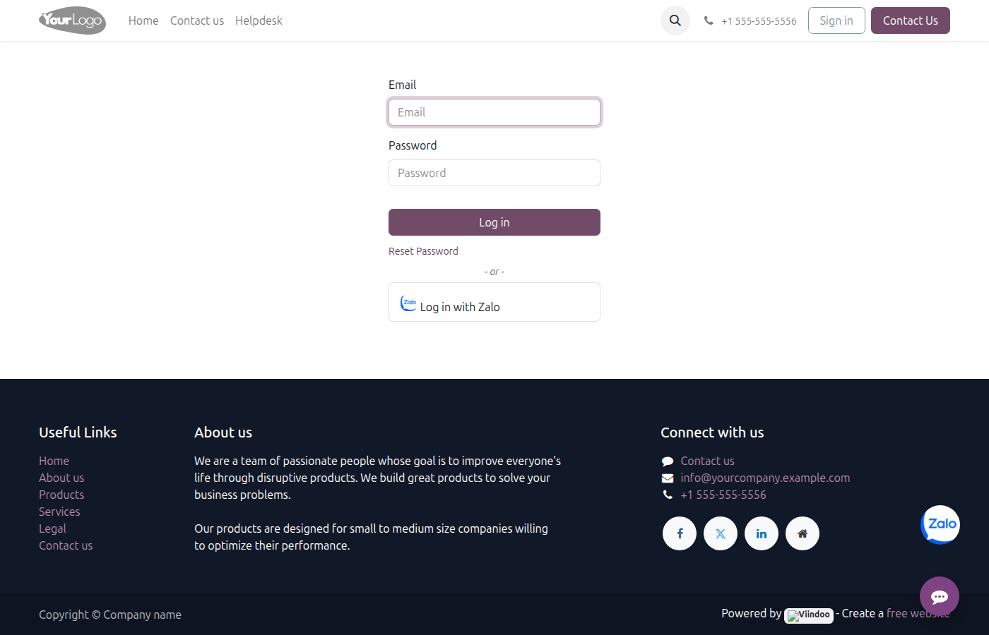 Portal login page showing "Login with Zalo" button next to Email and Password fields