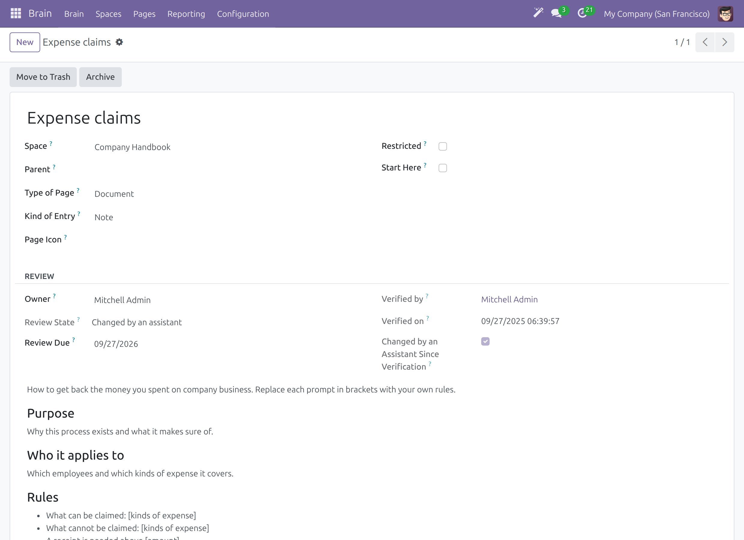 The page form with the Review section: Owner, Review State, Review Due, Verified by, Verified on and the assistant change mark