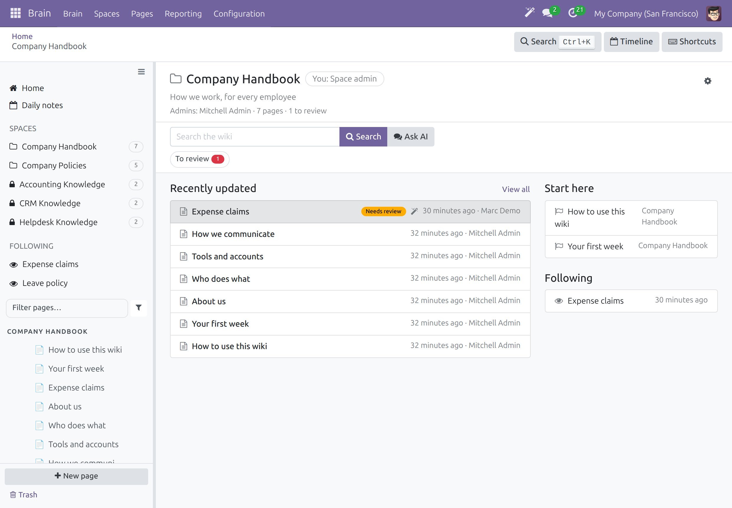 A Space screen with its header, the Space admin, the search box, the page to review and the page tree in the sidebar