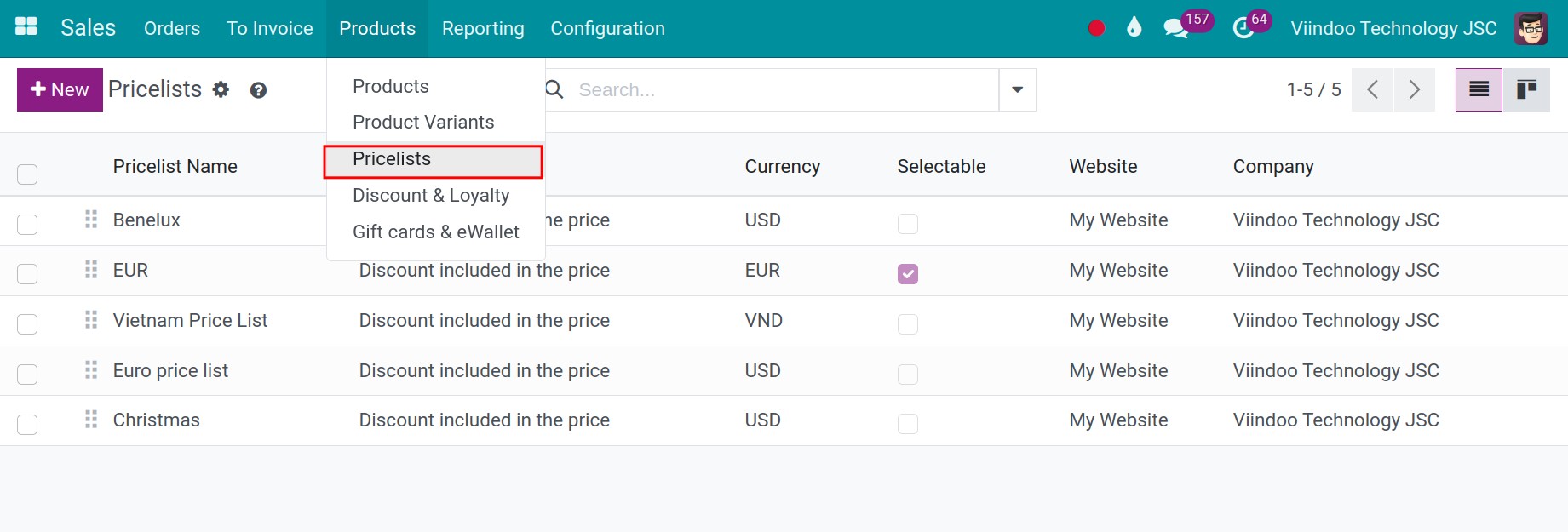 Create a new pricelist in Viindoo