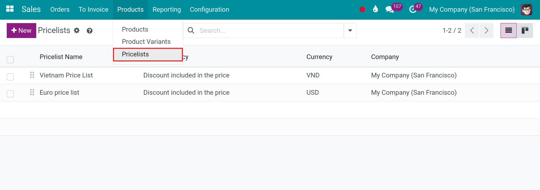 Create a new pricelist with multiple prices per product