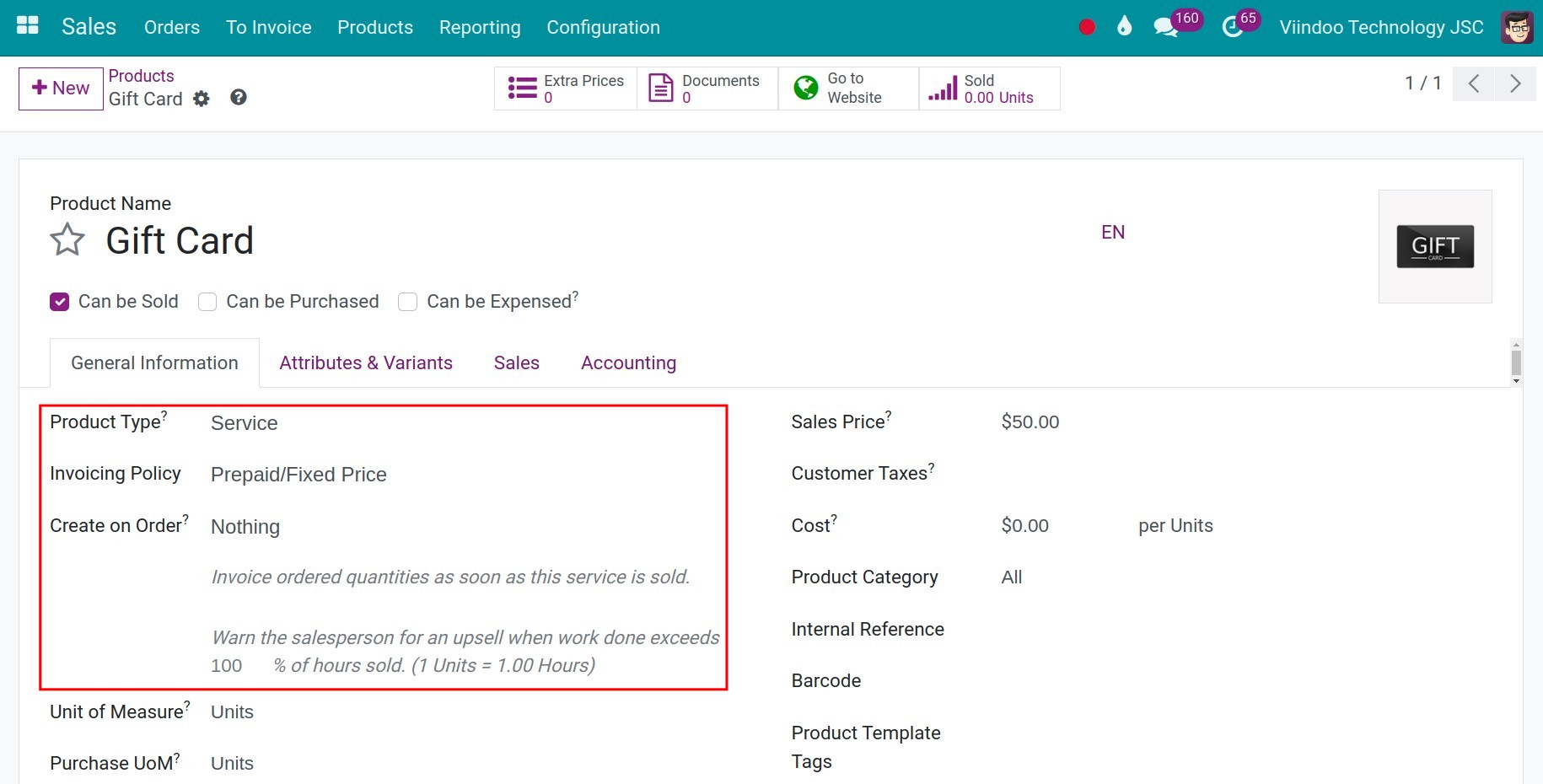 Create a gift card product in Viindoo