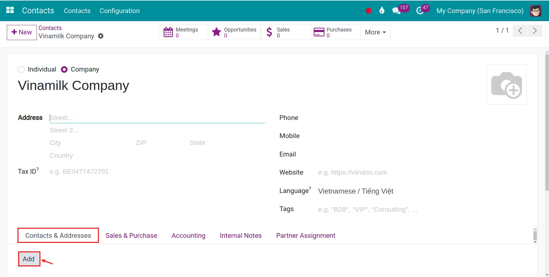 Add invoice address and delivery address Contacts Viindoo