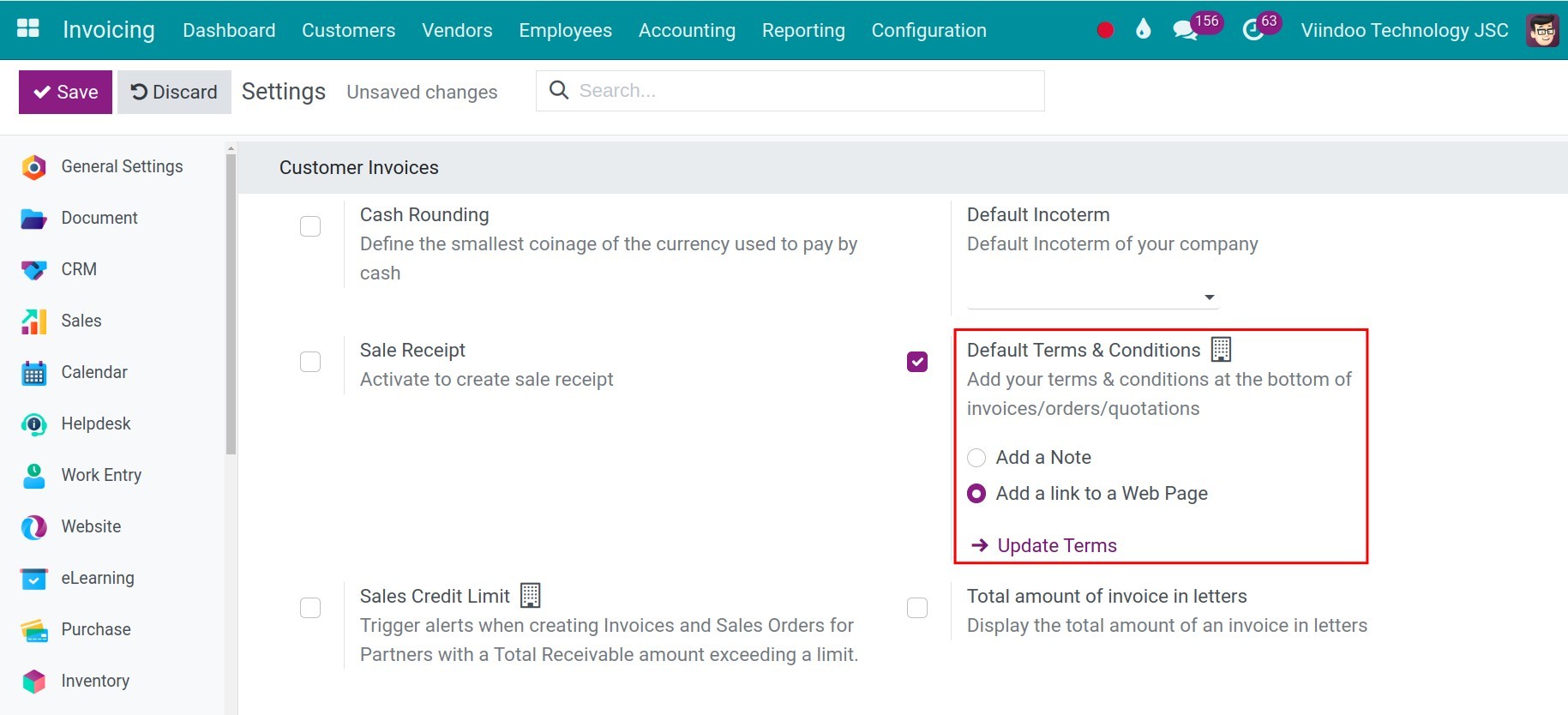 Add a link to a web page default terms & conditions