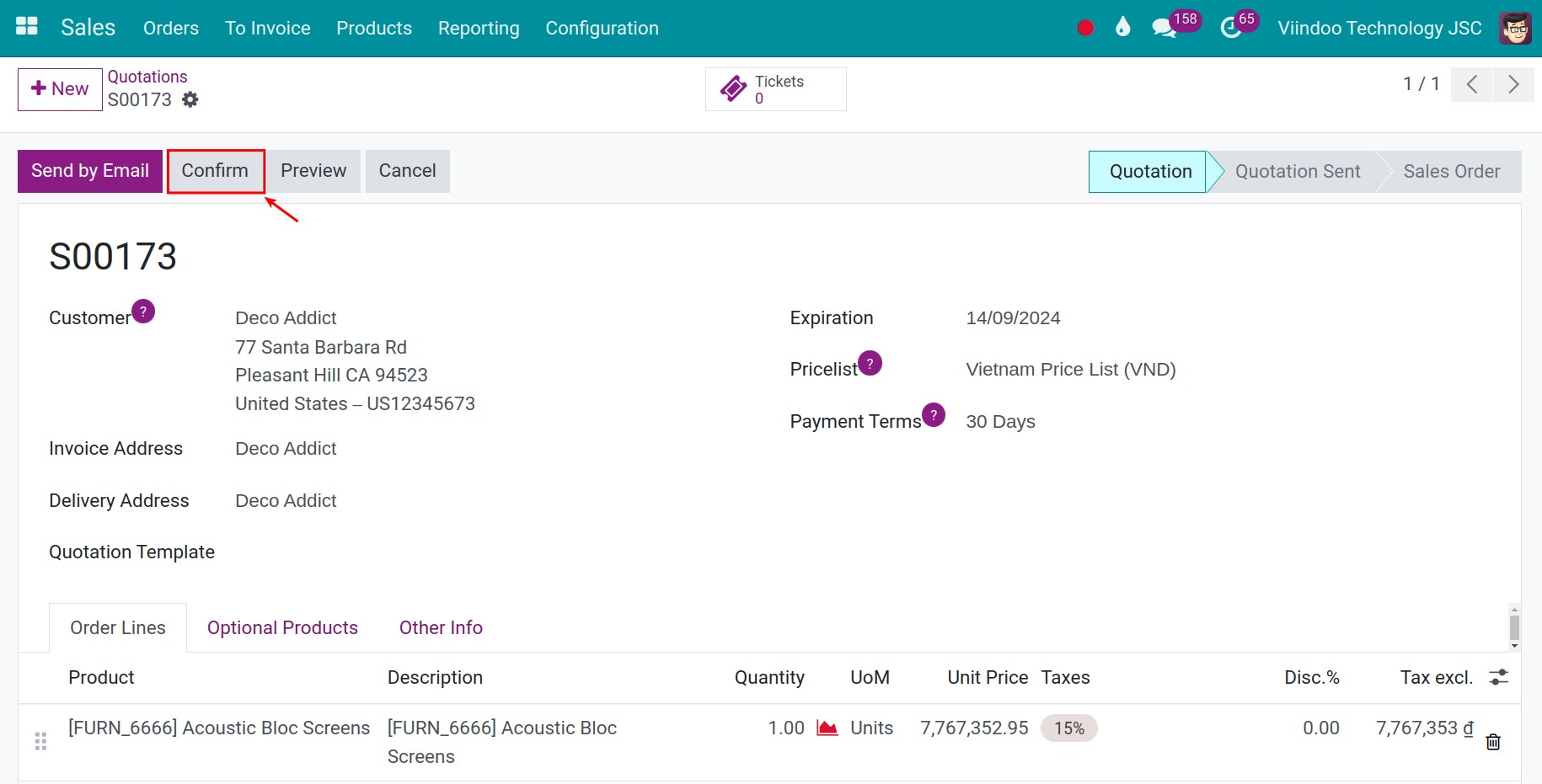 Confirm sales order - Viindoo