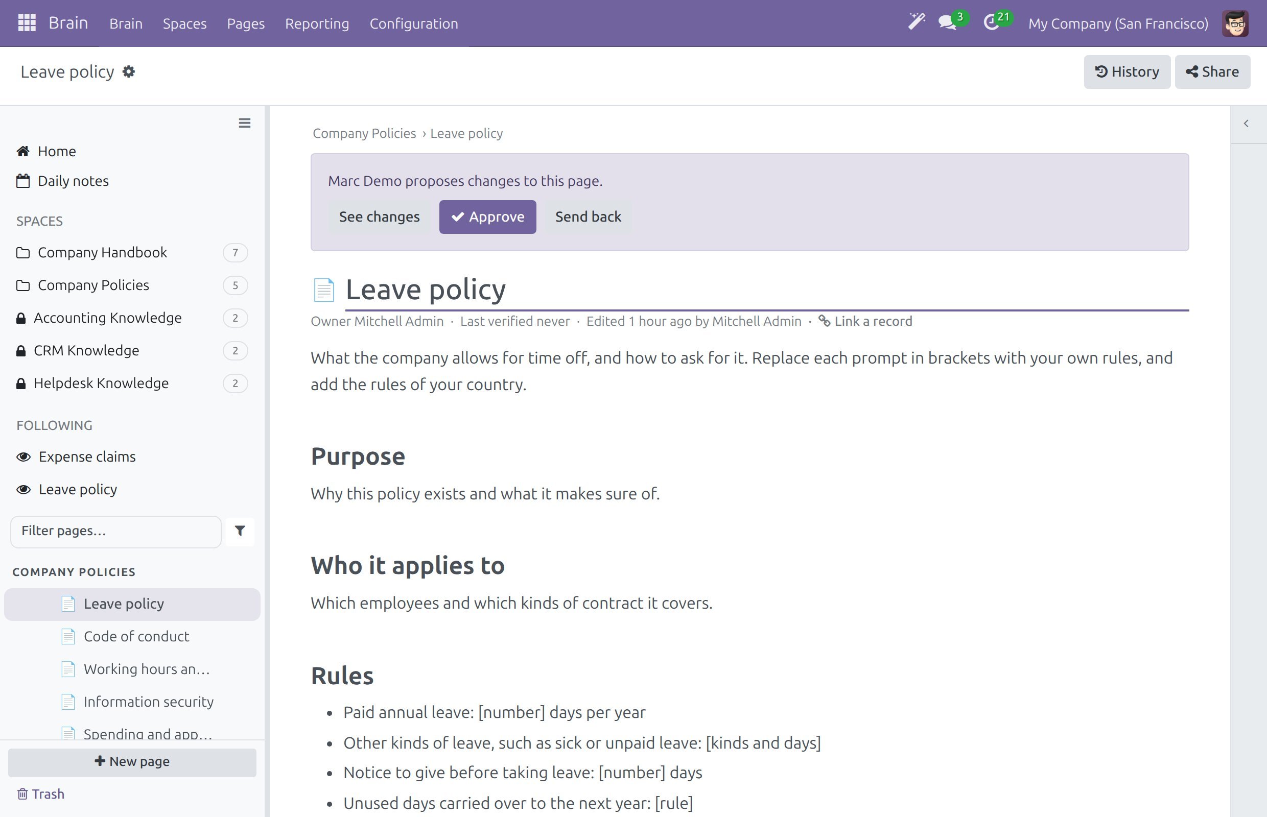 A page with the banner Marc Demo proposes changes to this page, with the buttons See changes, Approve and Send back