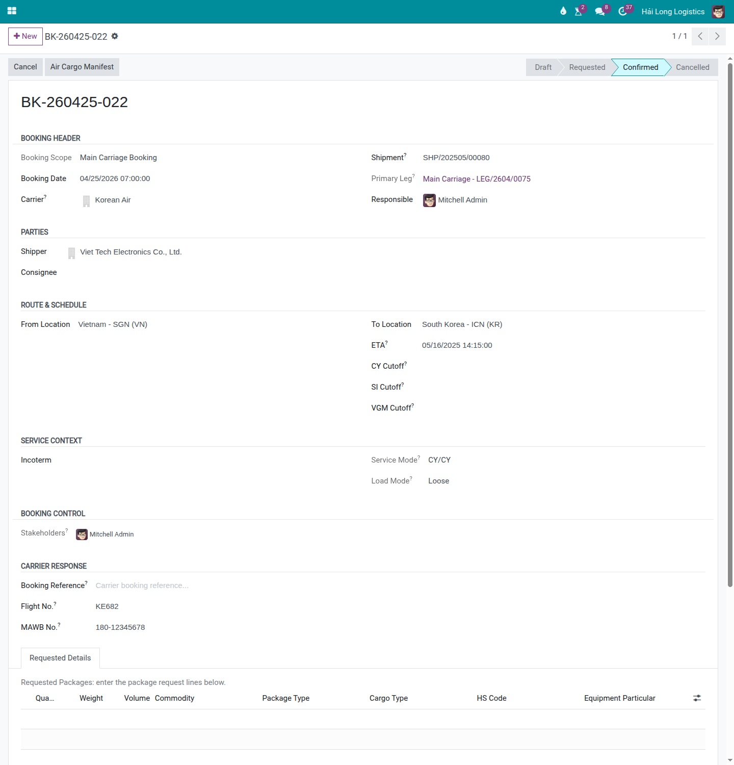 Air booking confirmed with carrier Korean Air, flight KE682, and MAWB 180-12345678.