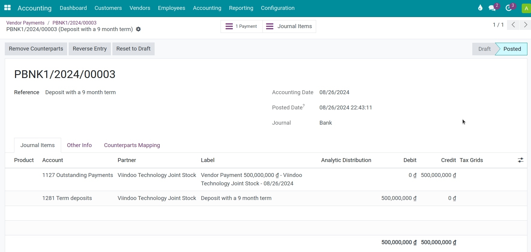 Journal entries of time deposit transaction