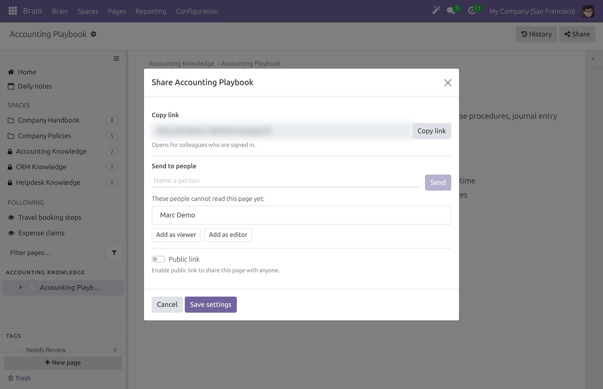 The Share dialog listing a person who cannot read the page, with the buttons Add as viewer and Add as editor