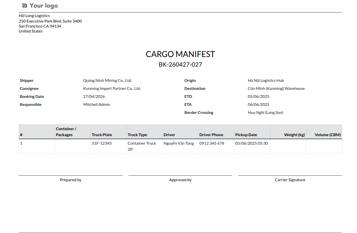 Cargo Manifest report for the road export booking showing truck, driver, route, and cargo details.