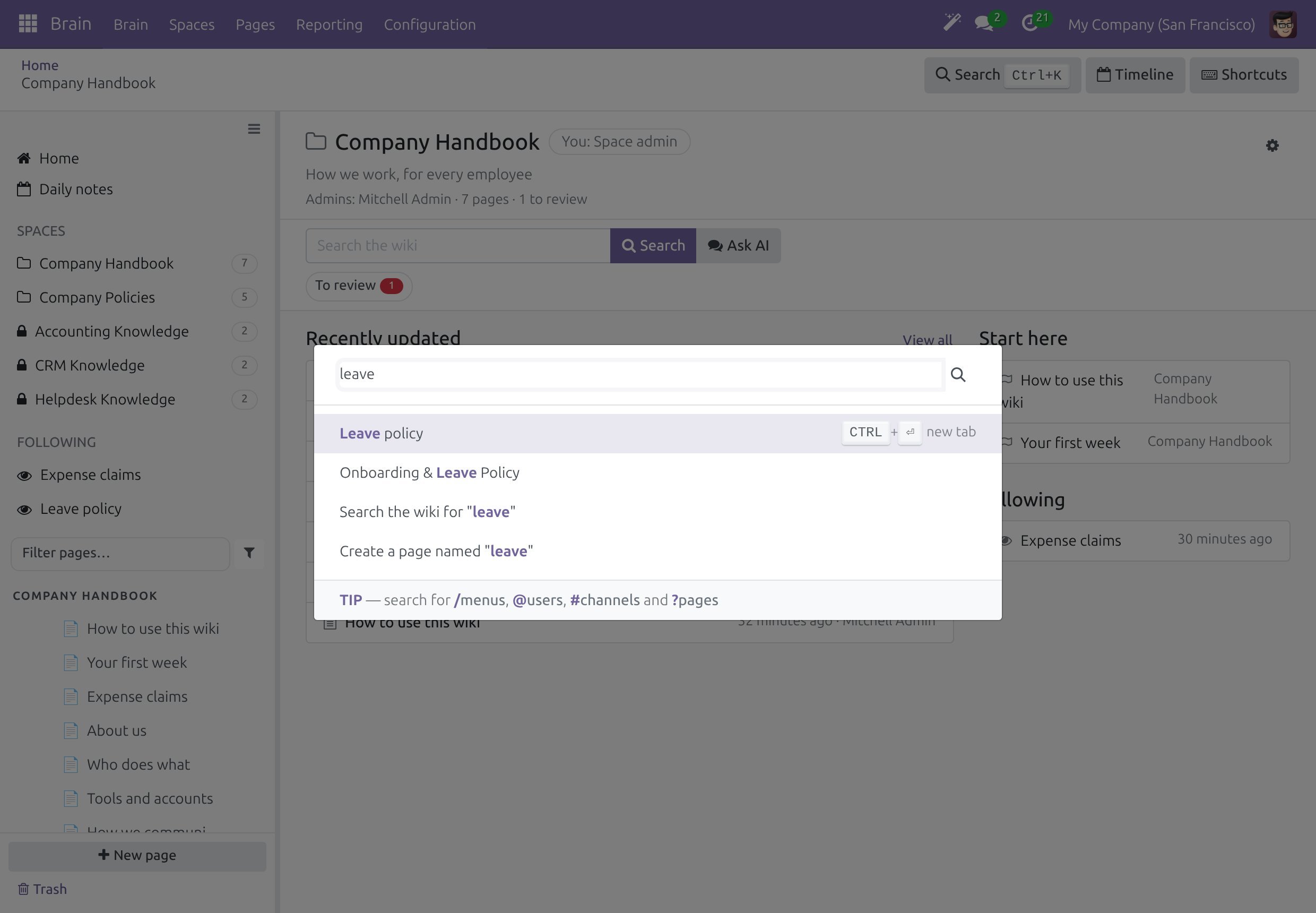 The command palette listing two matching pages, Search the wiki and Create a page