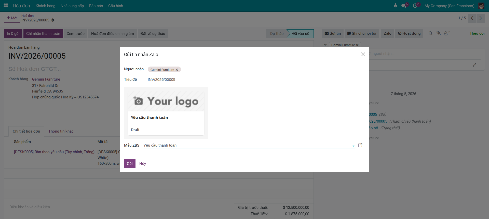 Send Zalo Message dialog with Payment Request ZBS template and content preview