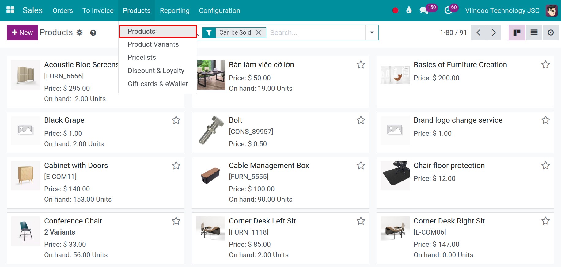 List of products in Sales - Viindoo.