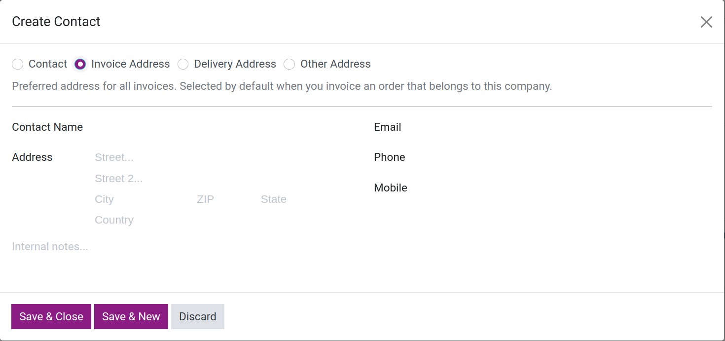 Enter information Invoice Address Delivery Address Contacts Viindoo