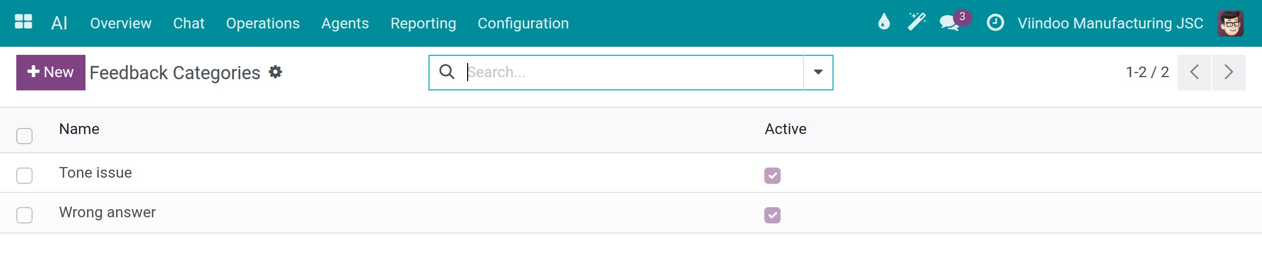 The list of feedback categories with their active flag