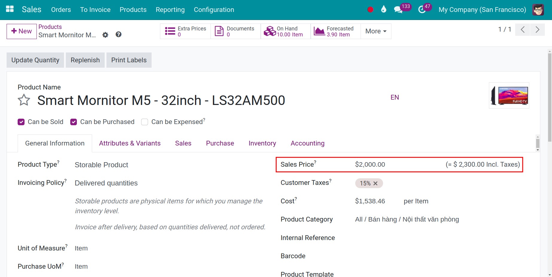 Configure sales price on product form - Viindoo