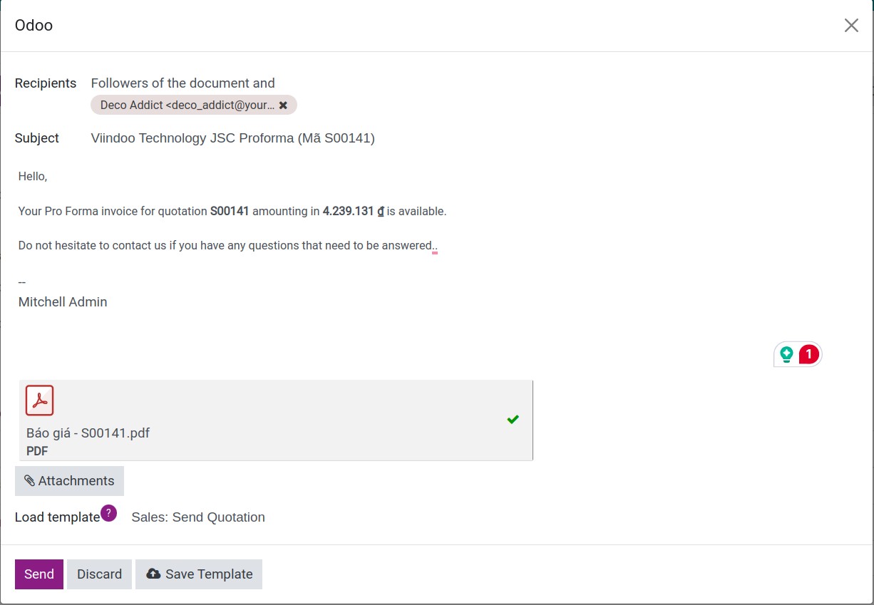 Attached pro-forma invoice in an email - Viindoo