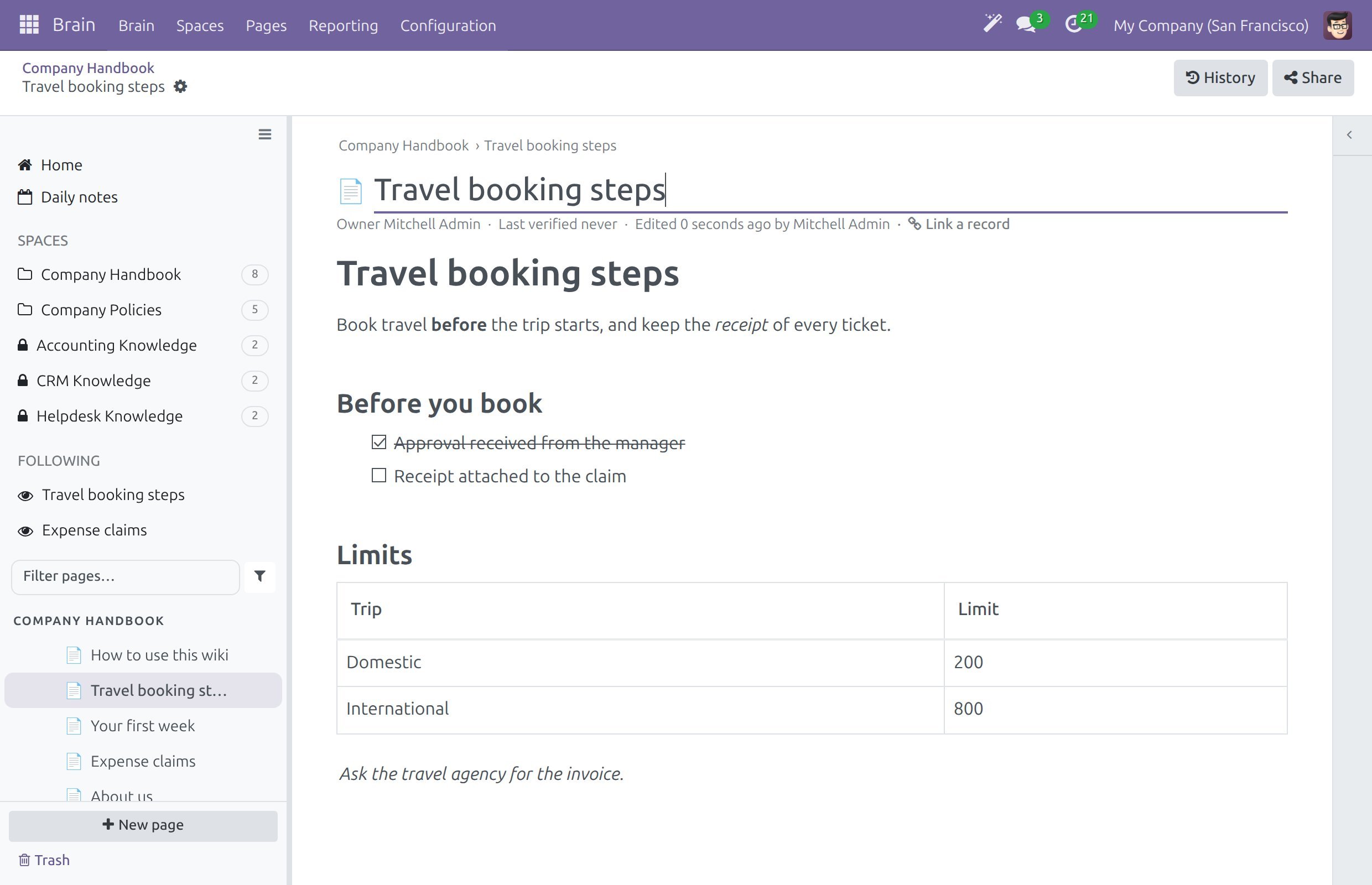 A page created from a Markdown file, with its headings, a checklist, a table and a quote