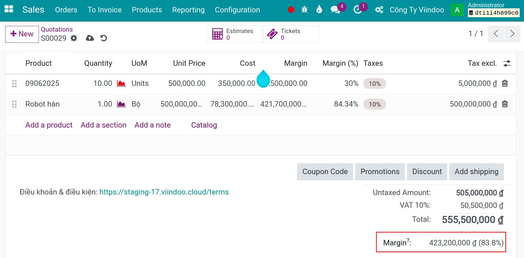 Margin on sales orders
