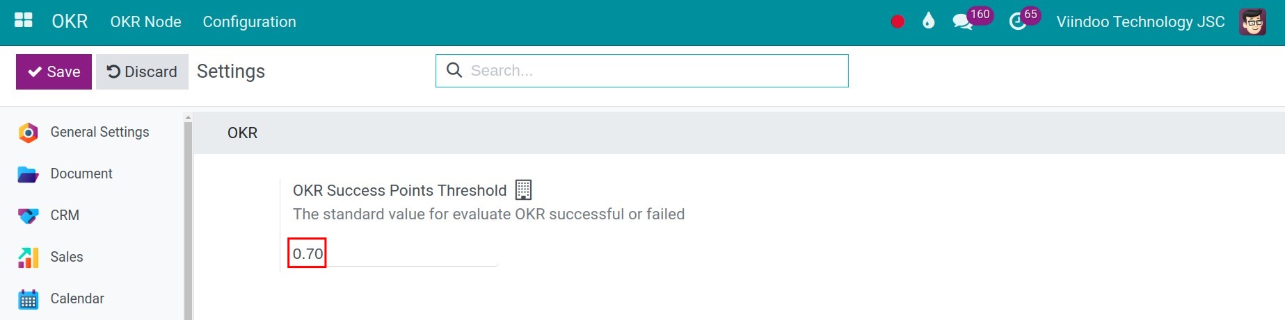 Set up default OKR success point threshold in Viindoo
