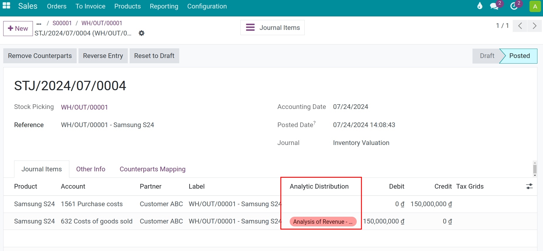 Analytic account for cost of goods sold - Viindoo Accounting app