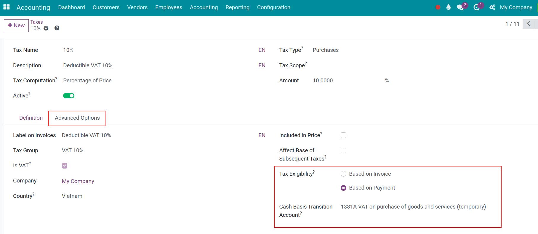 Set up taxes recording when the transaction is paid