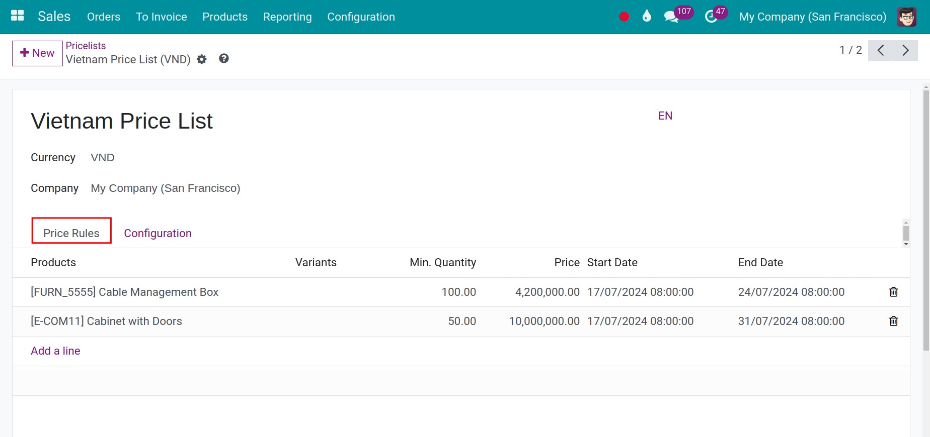 Set up a pricelist