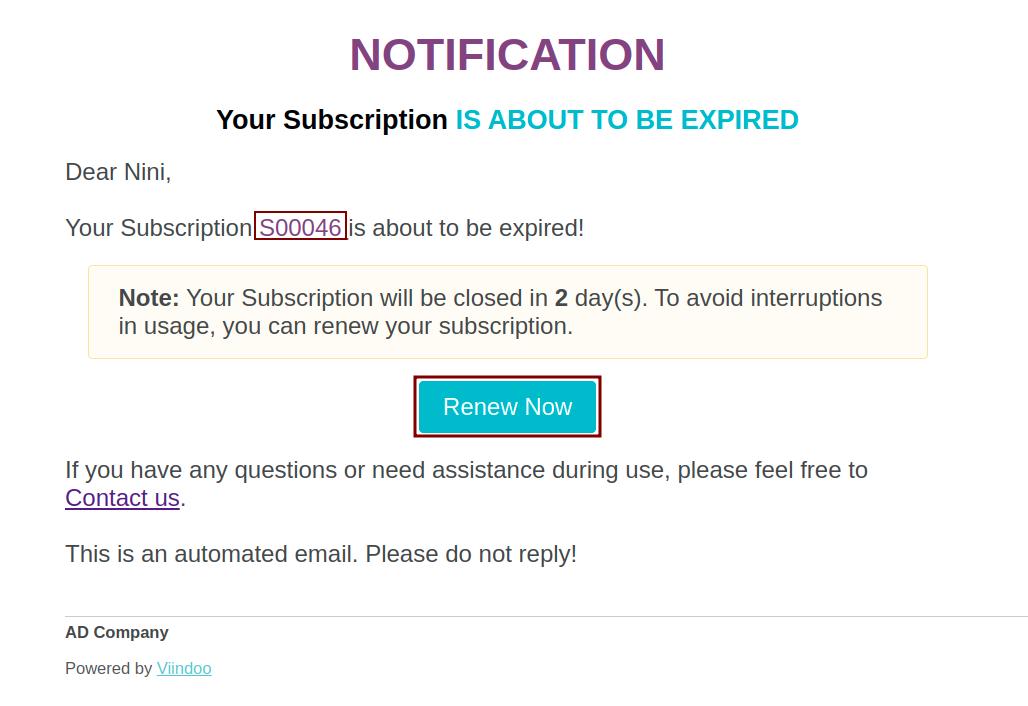 Viindoo Subscription Renewal Notification