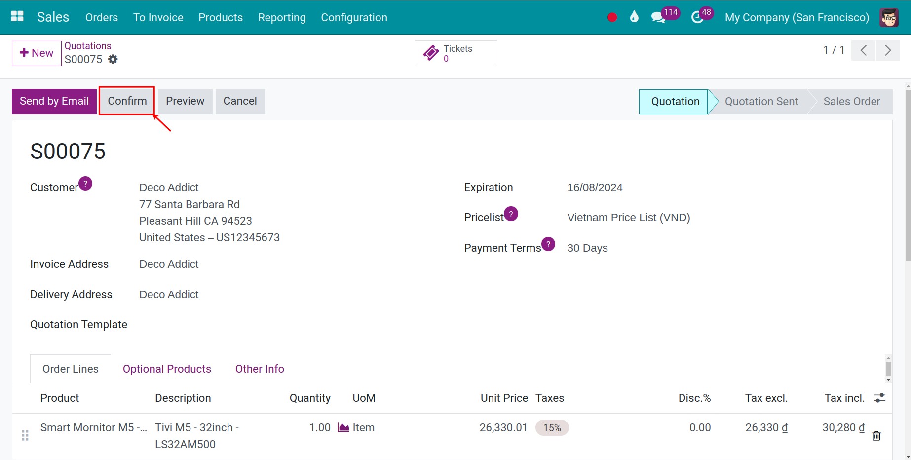 Confirm quotation Invoice Viindoo