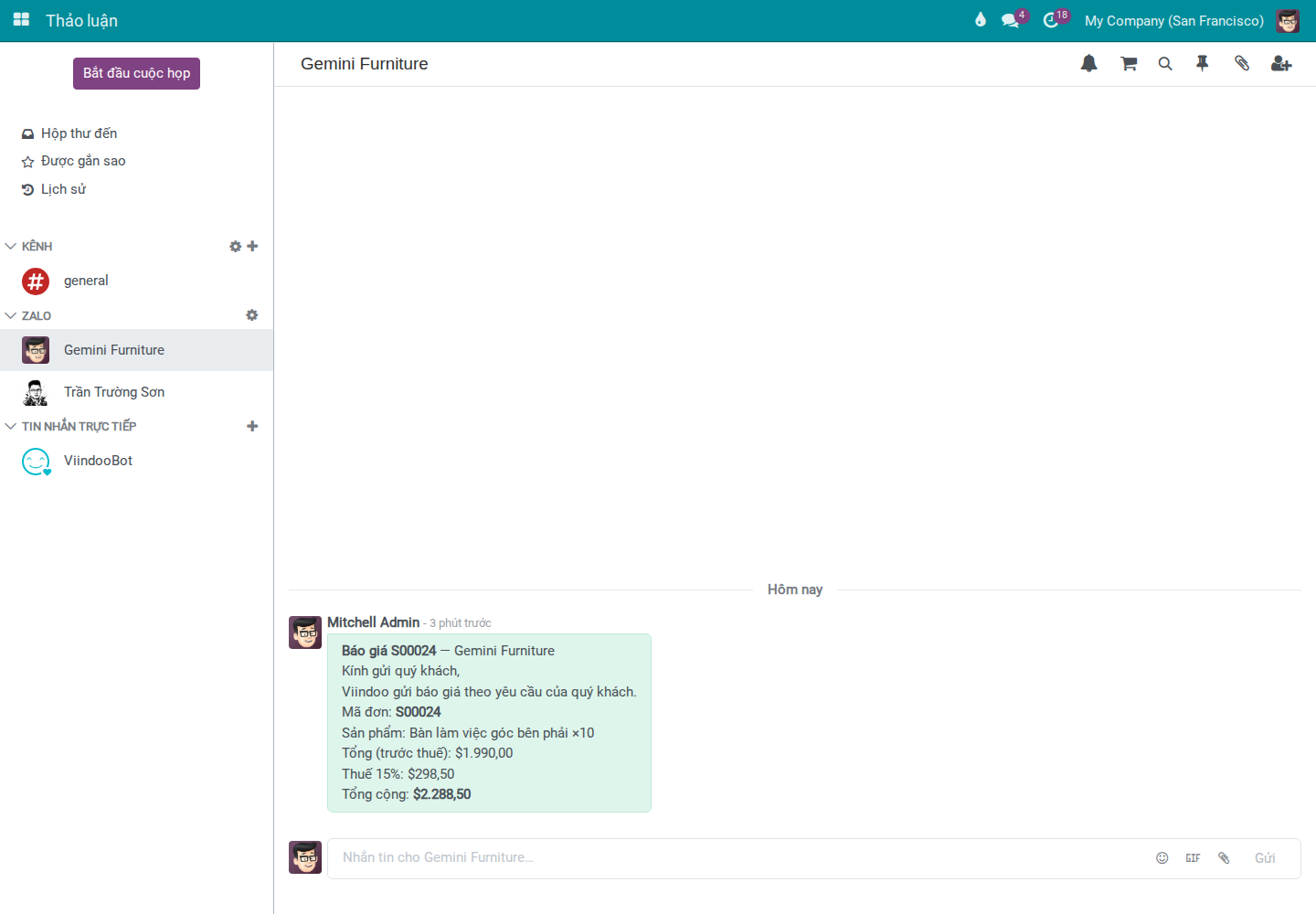 Zalo channel in Discuss showing the sent template message card with the sales order subject and variables replaced with actual data