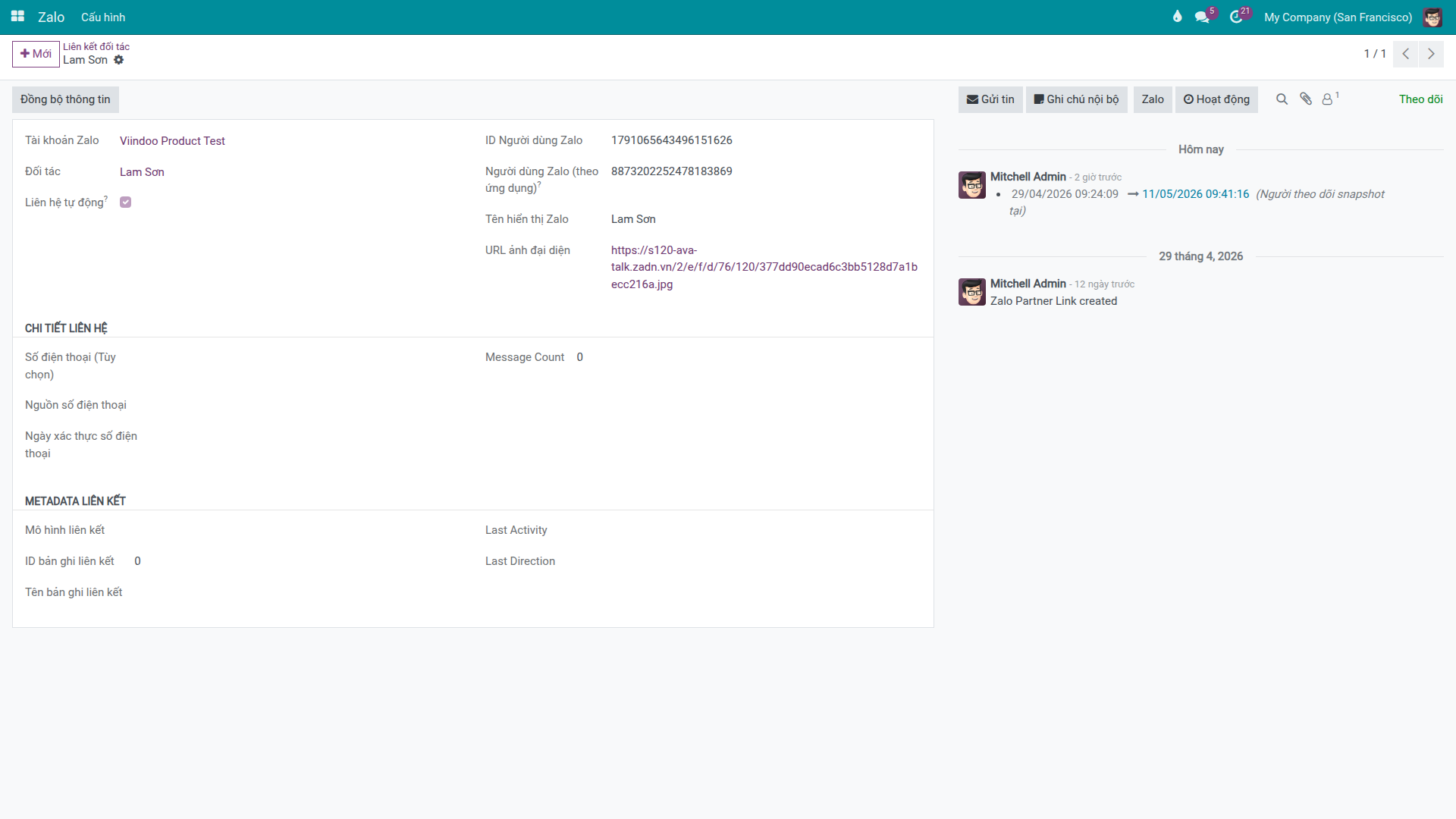 Zalo partner link form with Sync Profile button and profile fields: display name, avatar URL, contact details