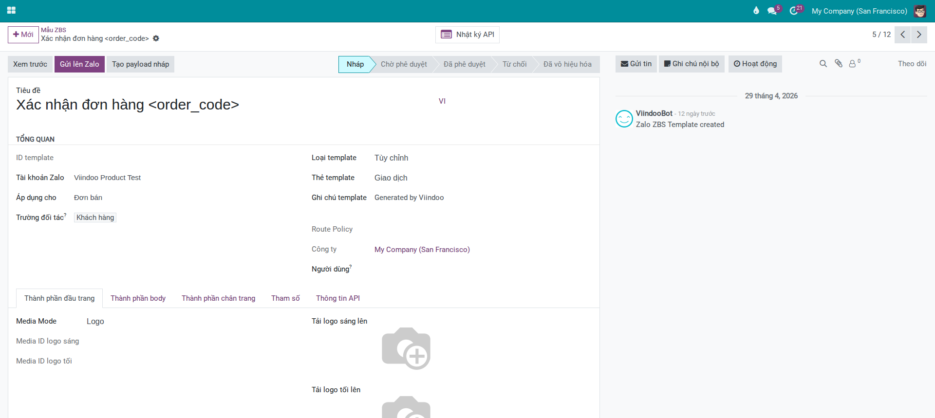 ZBS template form in Draft status showing configuration fields: Title, Zalo Account, Applies On, Template Type, Template Tag (example image uses a different template — see the scenario section in this guide)