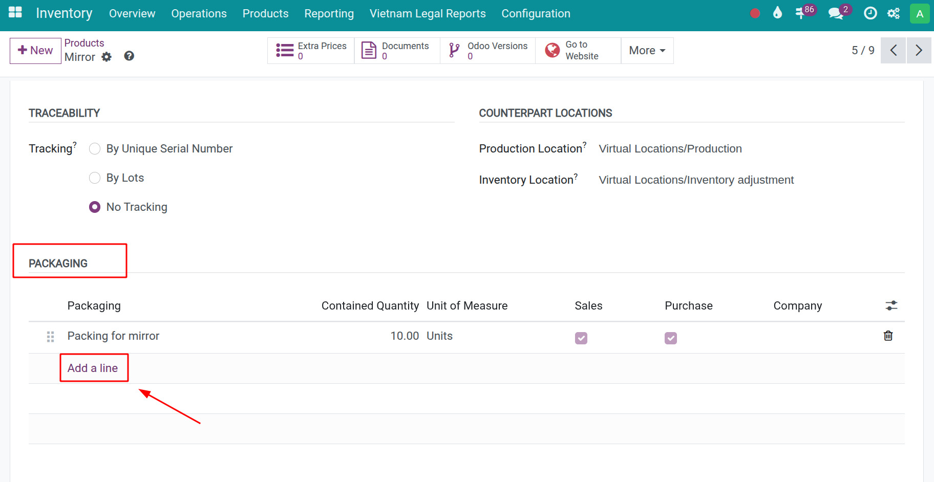 Add packaing in product form