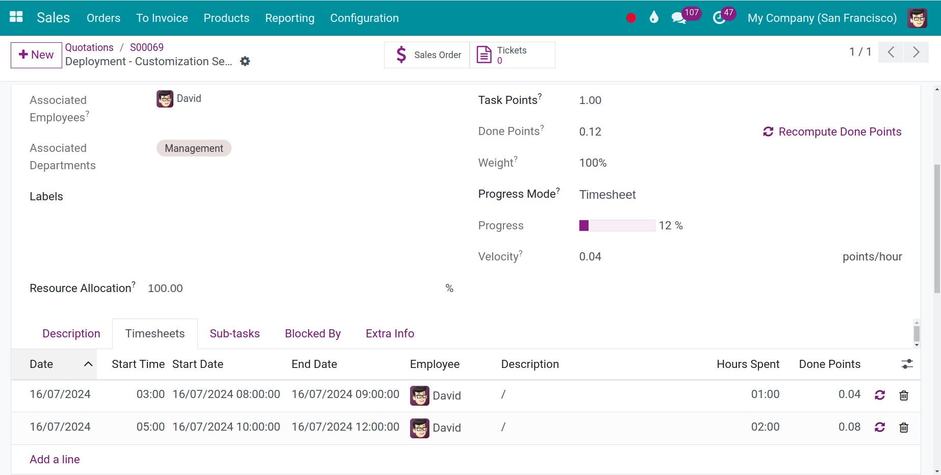 Record timesheets on a task Viindoo.