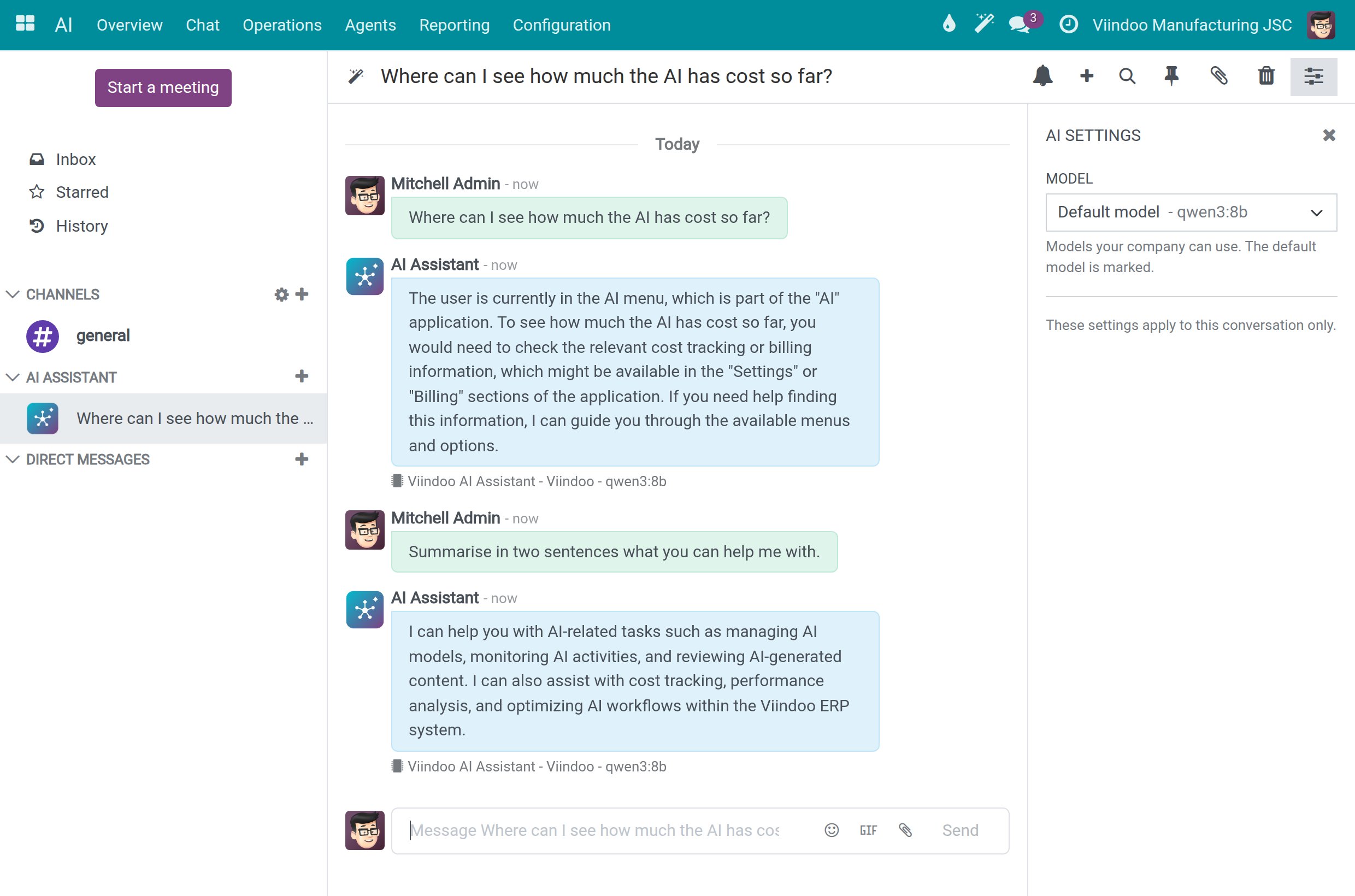 The AI Settings panel of a conversation with the list of models