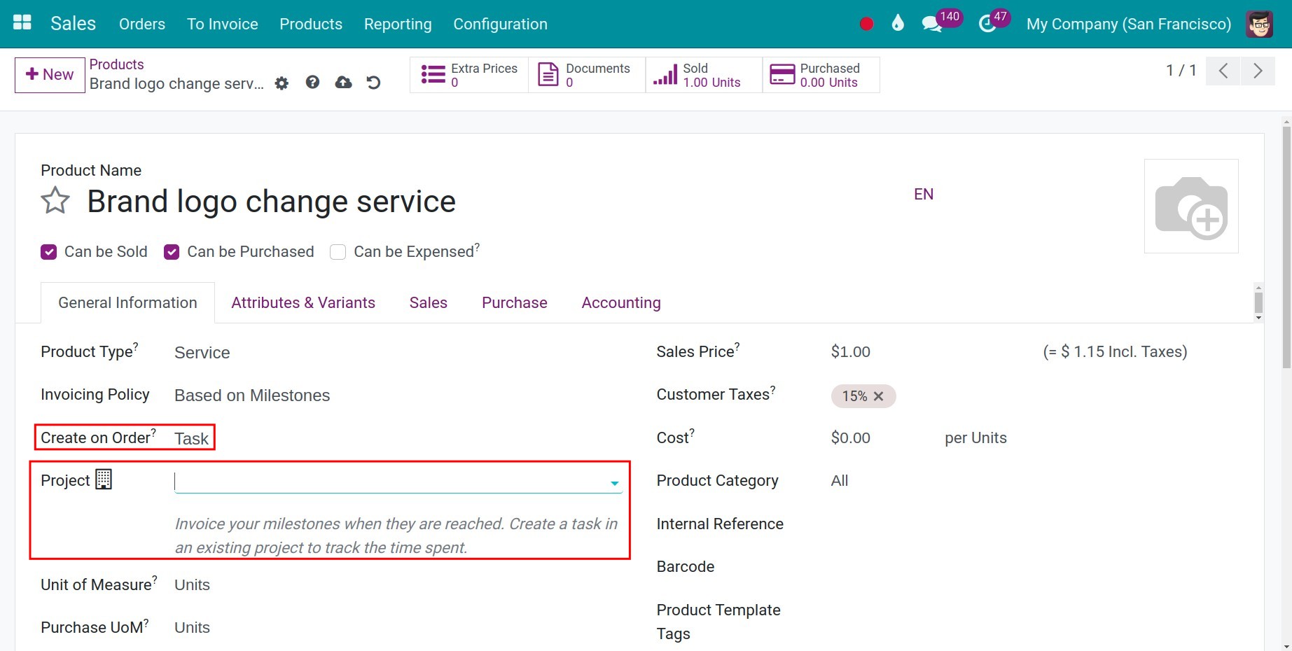 Select the project associated with the created task